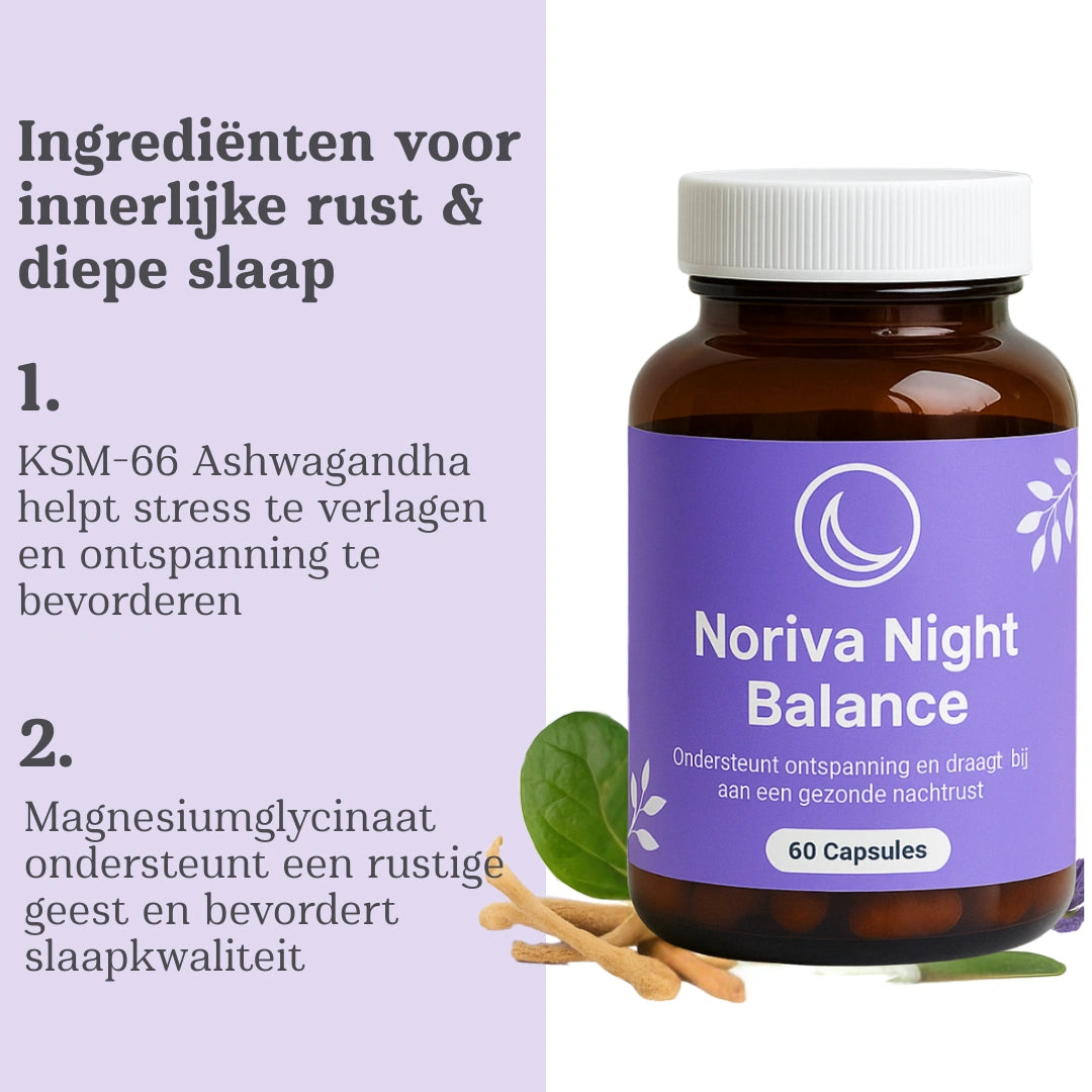 Noriva Night Balance ingrediënten infographic - KSM-66 ashwagandha en magnesium glycinaat supplementen potje met natuurlijke ingrediënten